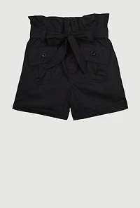 Girls Poplin Paper Bag Waist Cargo Shorts,
