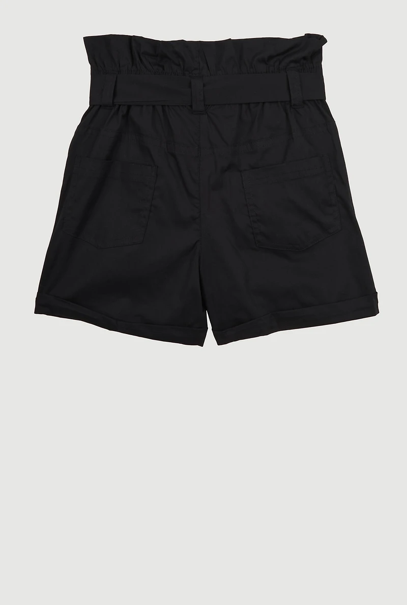 Girls Poplin Paper Bag Waist Cargo Shorts,
