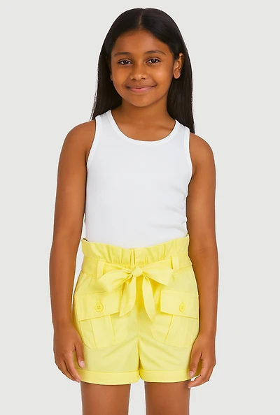 Girls Poplin Paper Bag Waist Cargo Shorts, Yellow, Size 10