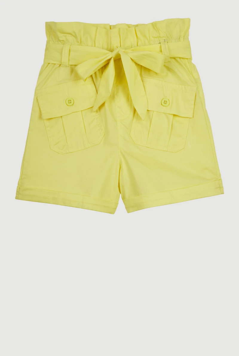 Girls Poplin Paper Bag Waist Cargo Shorts, Yellow, Size 7-8