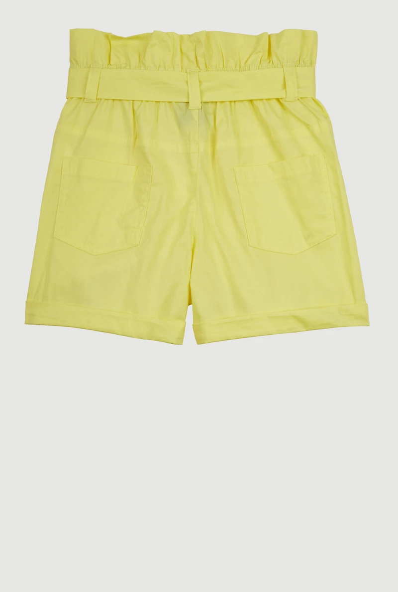 Girls Poplin Paper Bag Waist Cargo Shorts, Yellow, Size 10