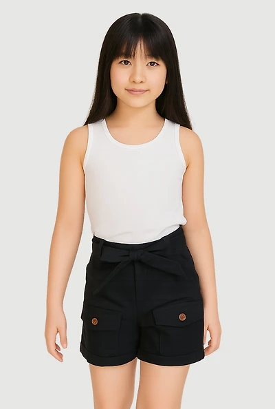 Girls Poplin Tie Waist Belted Cargo Pocket Shorts,