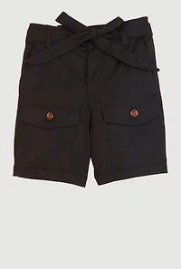 Girls Poplin Tie Waist Belted Cargo Pocket Shorts, Black, Size 10