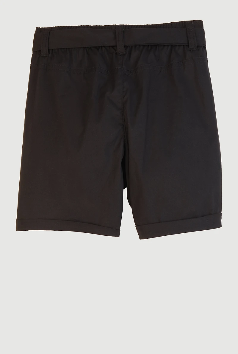 Girls Poplin Tie Waist Belted Cargo Pocket Shorts, Black, Size 10