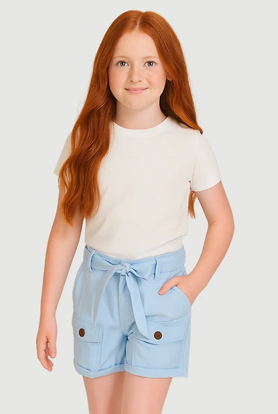 Girls Poplin Tie Waist Belted Cargo Pocket Shorts,