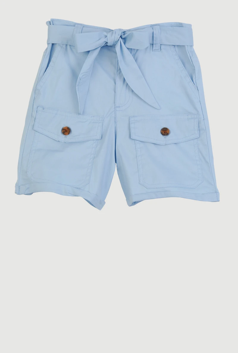 Girls Poplin Tie Waist Belted Cargo Pocket Shorts,