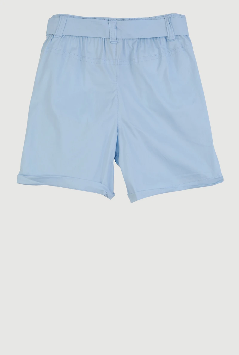 Girls Poplin Tie Waist Belted Cargo Pocket Shorts, Blue, Size 10