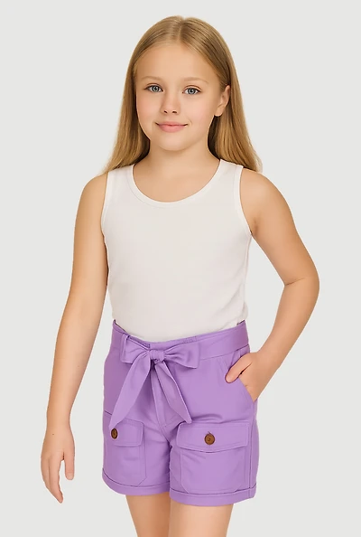 Girls Poplin Tie Waist Belted Cargo Pocket Shorts
