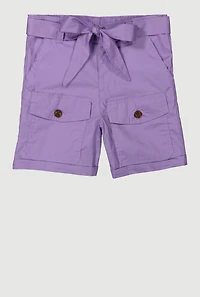 Girls Poplin Tie Waist Belted Cargo Pocket Shorts