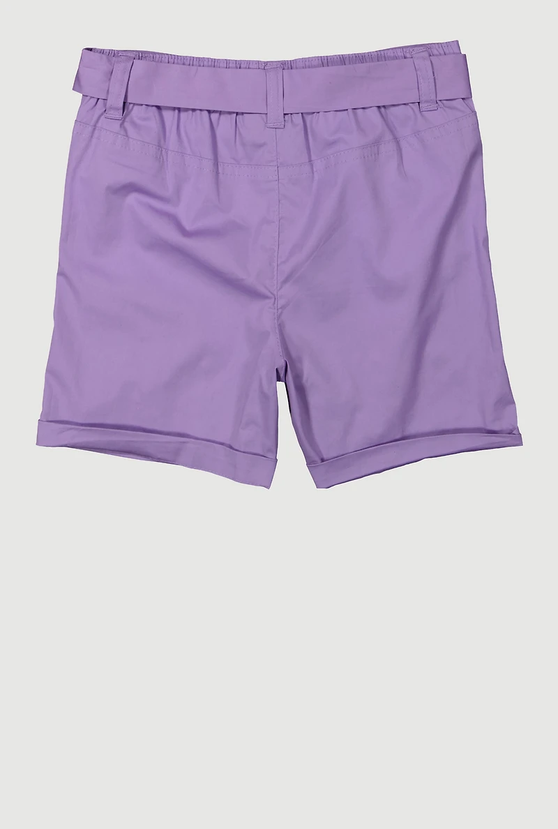 Girls Poplin Tie Waist Belted Cargo Pocket Shorts