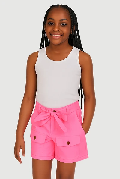 Girls Poplin Tie Waist Belted Cargo Pocket Shorts, Pink,