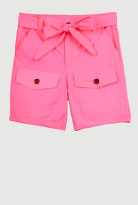 Girls Poplin Tie Waist Belted Cargo Pocket Shorts, Pink,