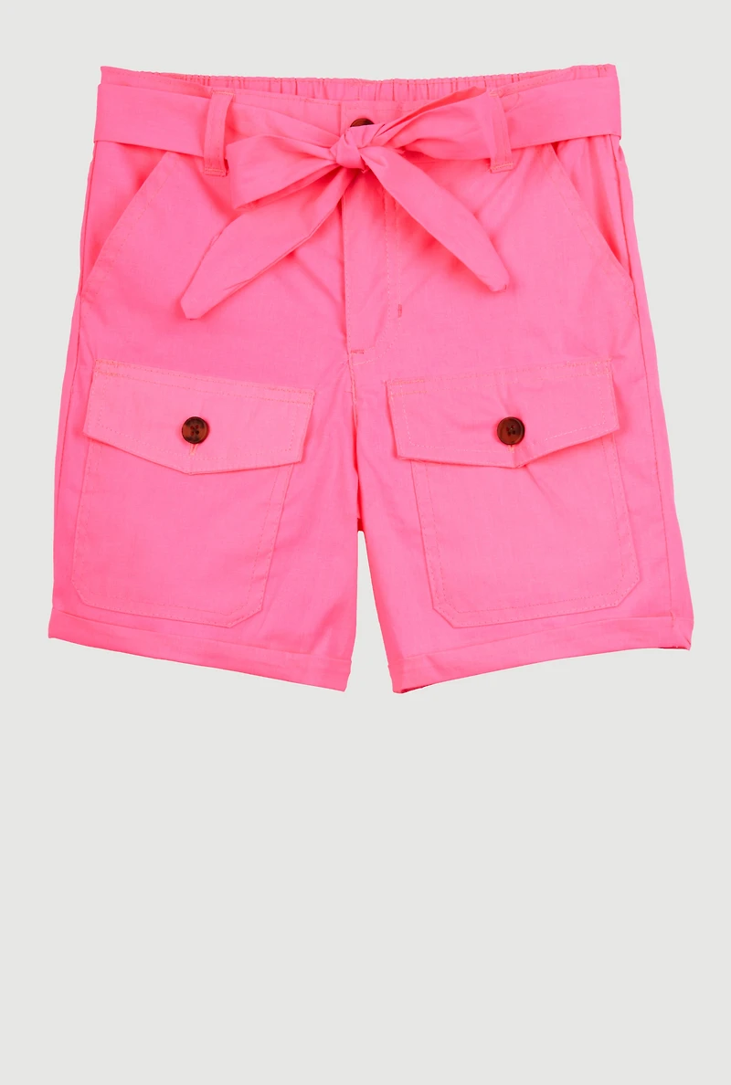 Girls Poplin Tie Waist Belted Cargo Pocket Shorts, Pink, Size 7-8