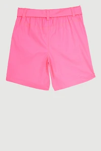 Girls Poplin Tie Waist Belted Cargo Pocket Shorts, Pink,