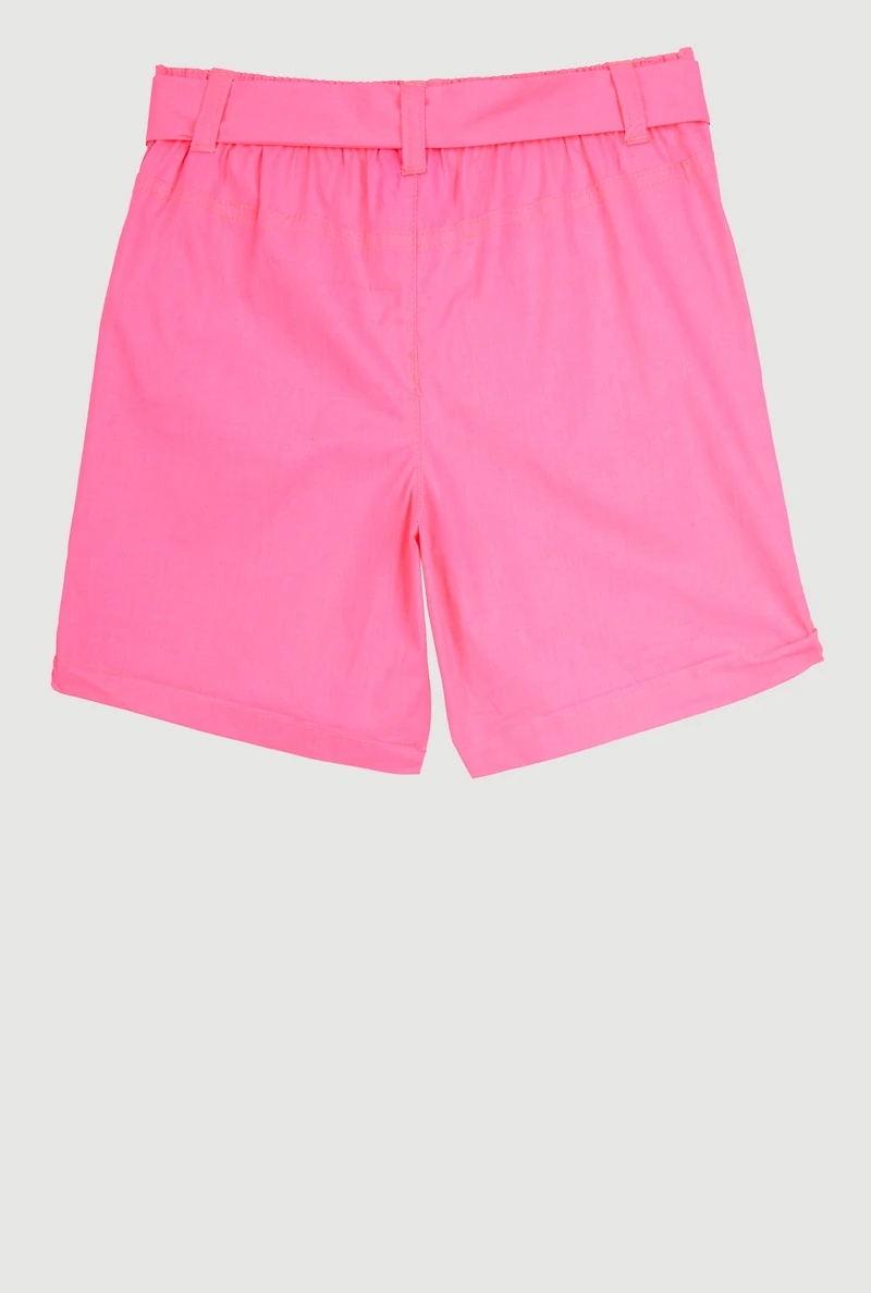 Girls Poplin Tie Waist Belted Cargo Pocket Shorts, Pink, Size 7-8