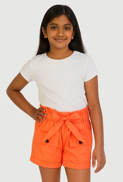 Girls Paper Bag Waist Cargo Shorts, Orange, Size 12