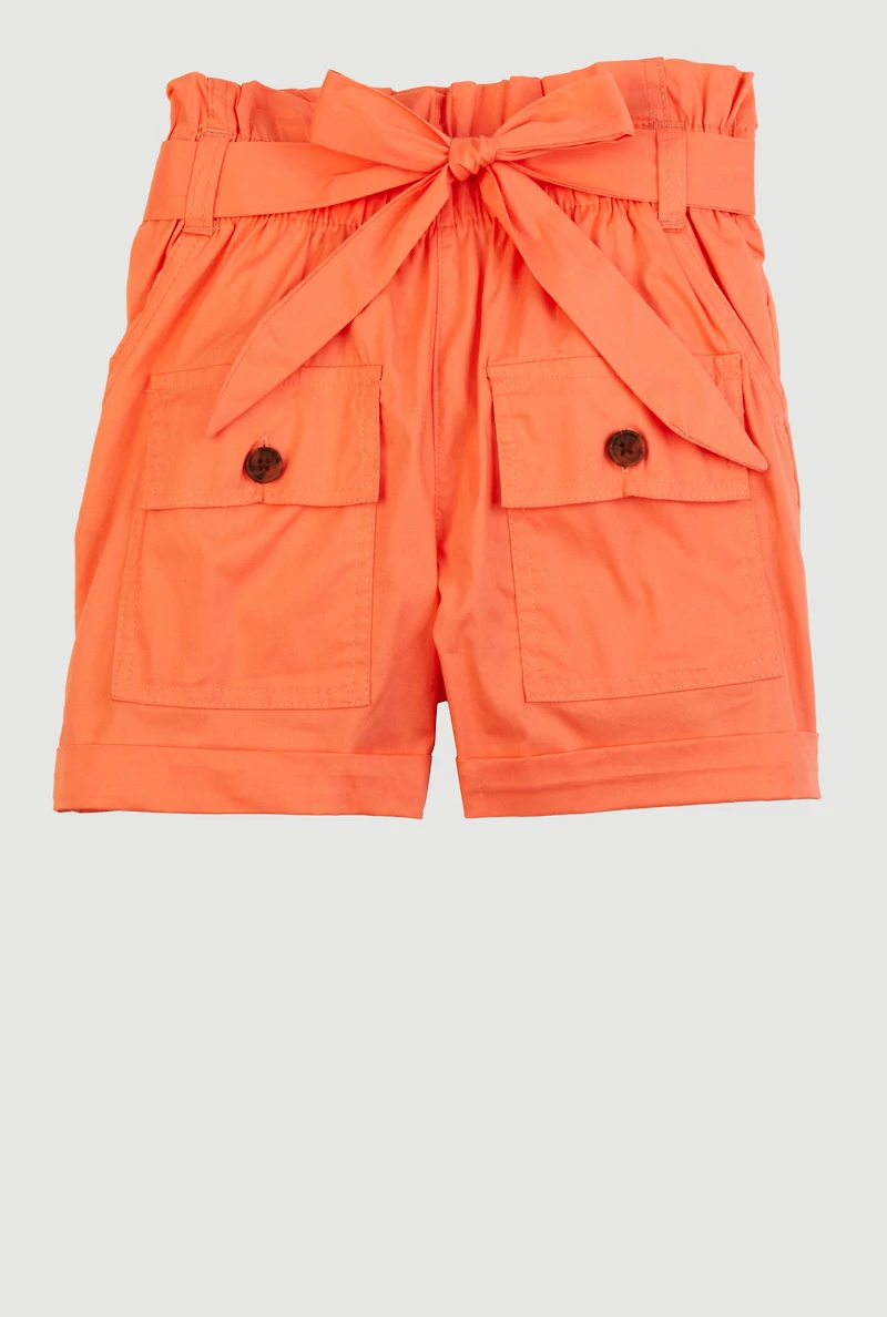 Girls Paper Bag Waist Cargo Shorts, Orange, Size 12
