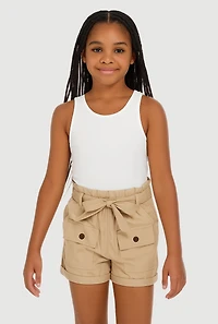 Girls Paper Bag Waist Cargo Shorts, Khaki, Size 12
