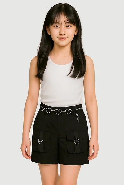 Girls Heart Chain Belted Poplin Cargo Shorts,