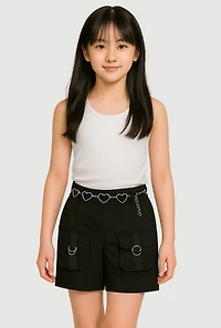 Girls Heart Chain Belted Poplin Cargo Shorts