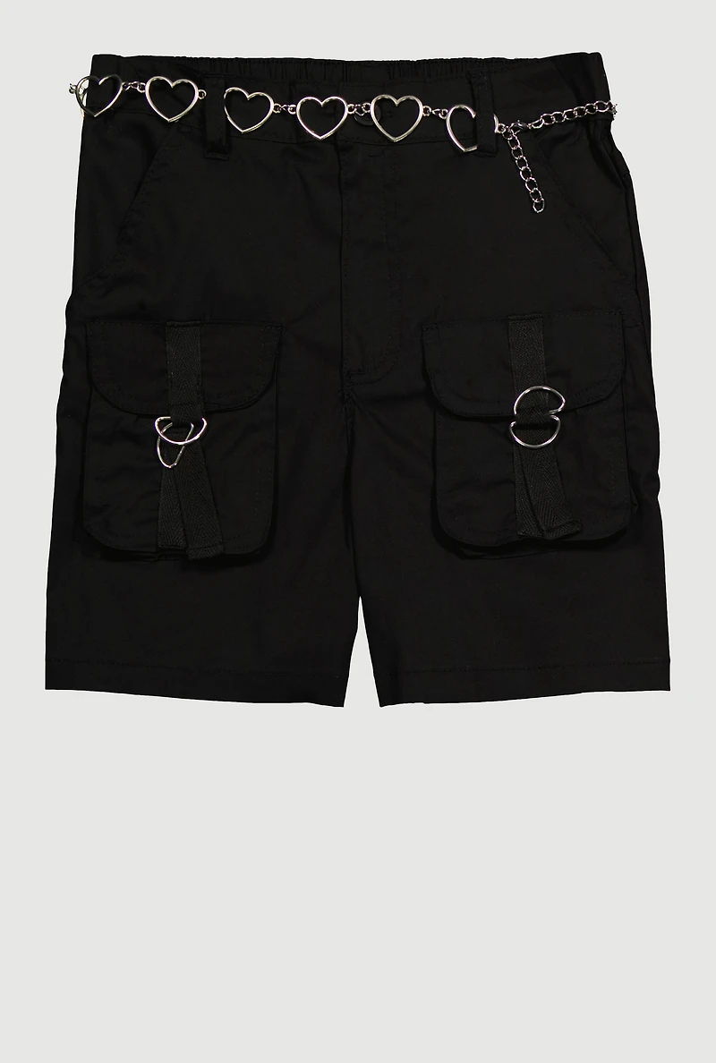 Girls Heart Chain Belted Poplin Cargo Shorts, Black, Size 10
