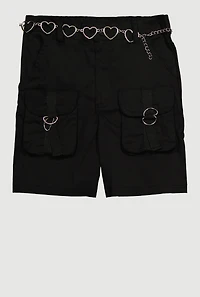 Girls Heart Chain Belted Poplin Cargo Shorts, Black, Size 10