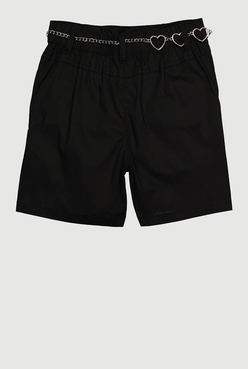Girls Heart Chain Belted Poplin Cargo Shorts, Black, Size 10