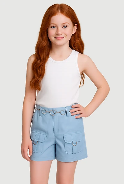 Girls Heart Chain Belted Poplin Cargo Shorts, Pink, Size 7-8