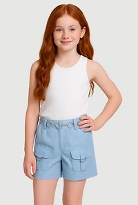Girls Heart Chain Belted Poplin Cargo Shorts, Pink, Size 7-8