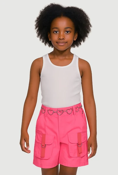 Girls Heart Chain Belted Poplin Cargo Shorts, Pink, Size 12