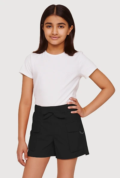 Girls Poplin Tie Waist Belted Cargo Shorts,