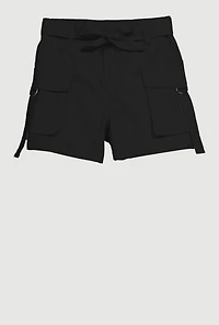 Girls Poplin Tie Waist Belted Cargo Shorts, Black, Size 10
