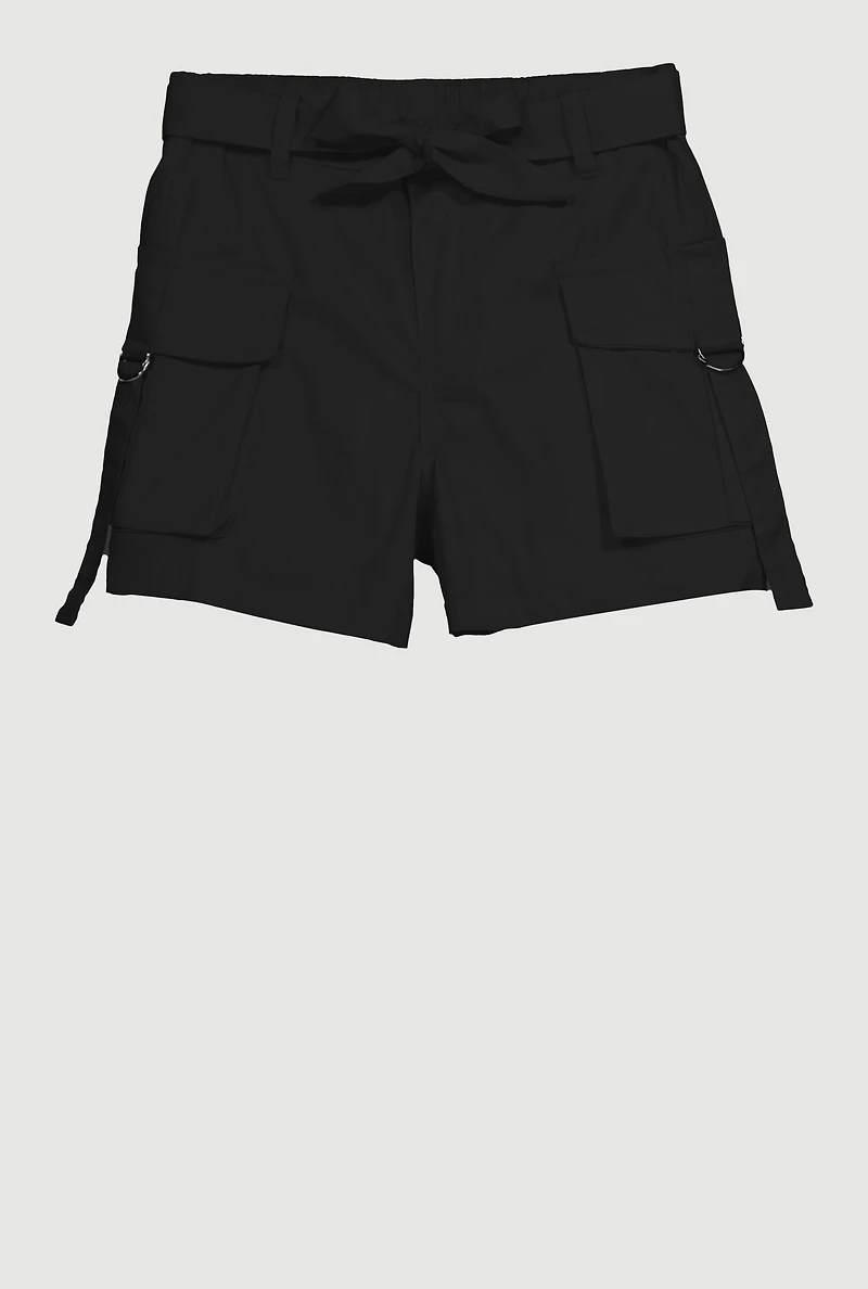 Girls Poplin Tie Waist Belted Cargo Shorts, Black, Size 12