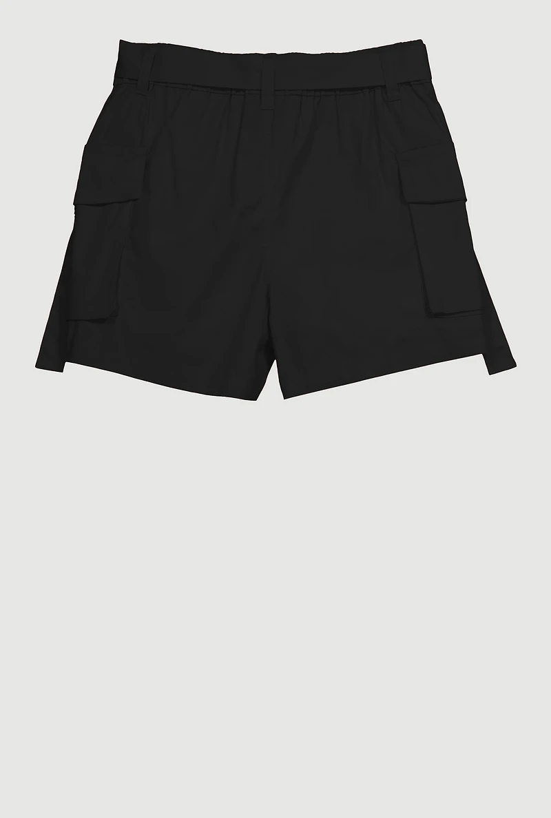 Girls Poplin Tie Waist Belted Cargo Shorts,