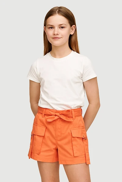 Girls Poplin Tie Waist Belted Cargo Shorts,