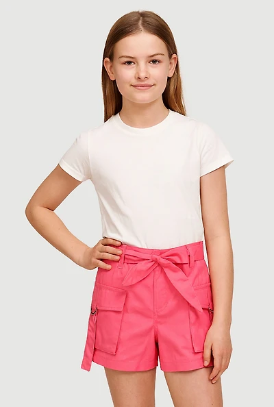 Girls Poplin Tie Waist Belted Cargo Shorts, Pink, Size 10