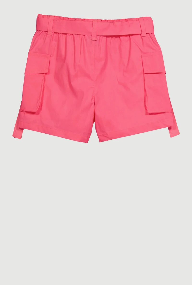 Girls Poplin Tie Waist Belted Cargo Shorts, Pink, Size 10
