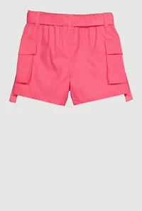 Girls Poplin Tie Waist Belted Cargo Shorts, Pink, Size 10