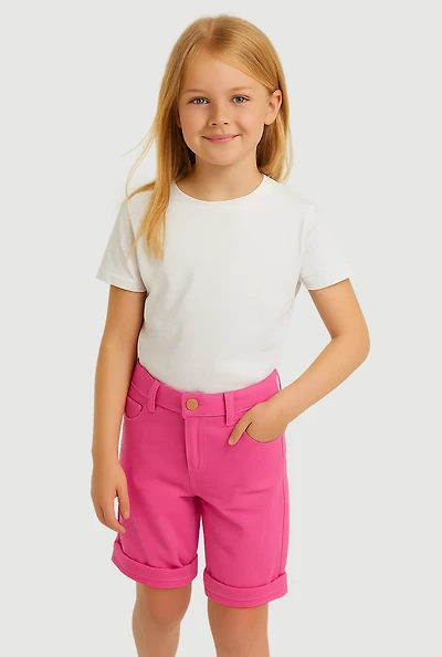 Girls Twill Fixed Cuff Distressed Bermuda Shorts, Pink, Size 10