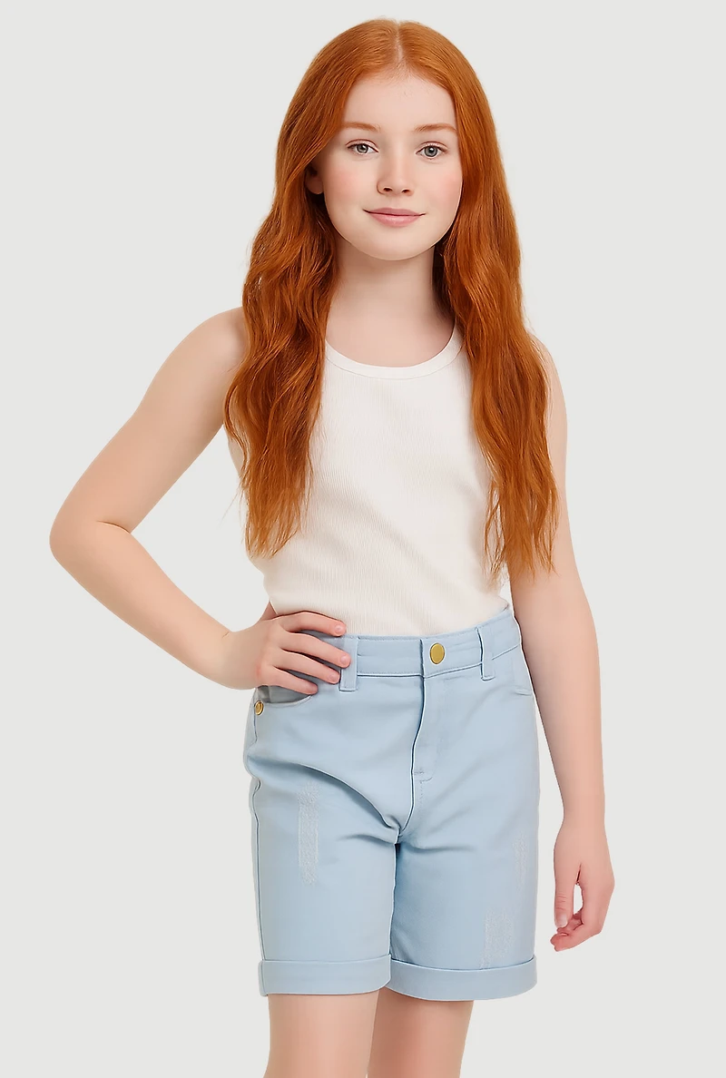 Girls Twill Fixed Cuff Bermuda Shorts, Blue, Size 10