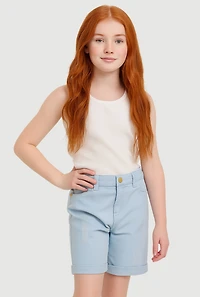 Girls Twill Fixed Cuff Bermuda Shorts, Blue, Size 10