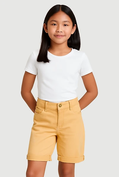 Girls Twill Distressed Detail Bermuda Shorts, Khaki, Size 10