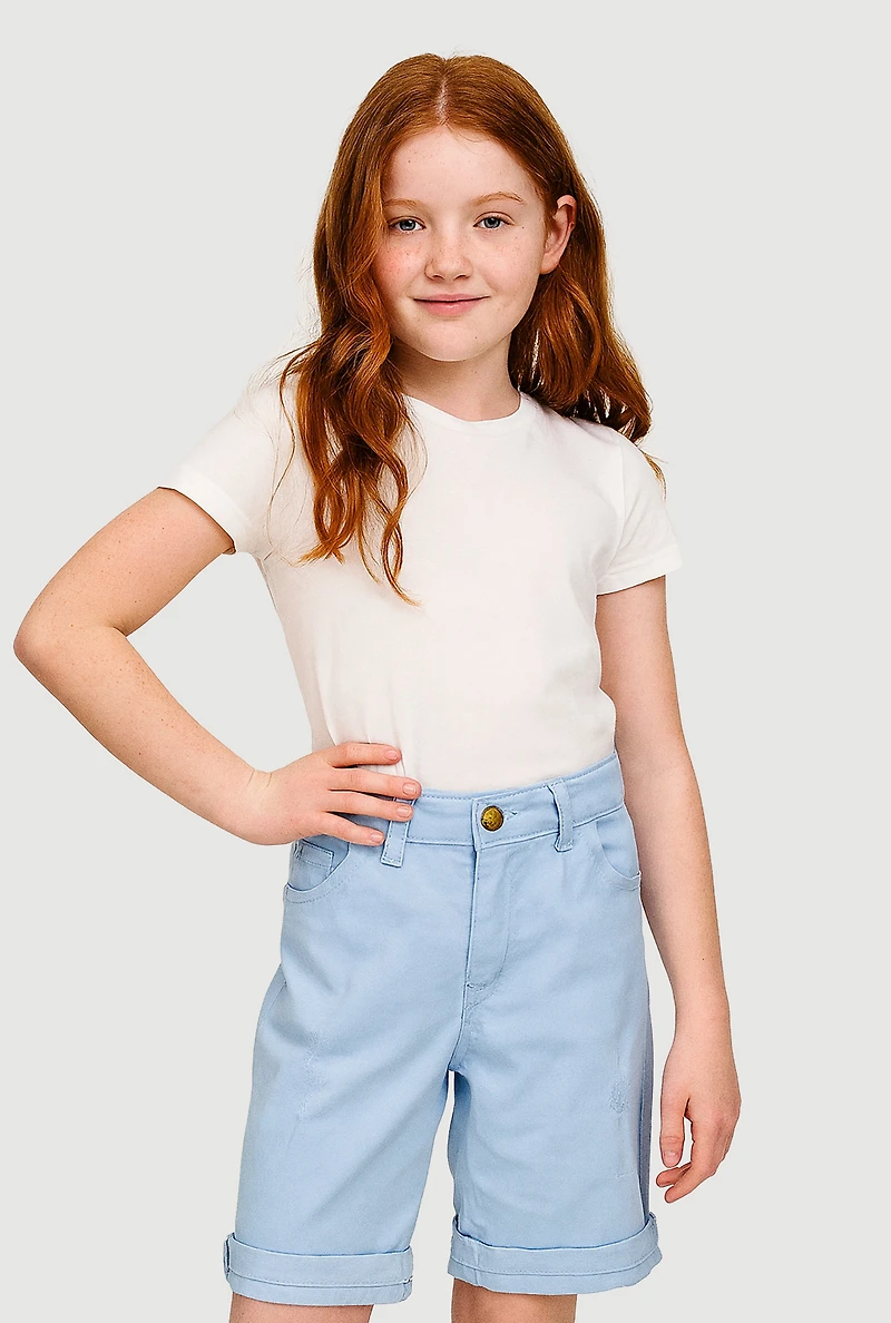 Girls Twill Distressed Detail Bermuda Shorts, Blue, Size 7-8