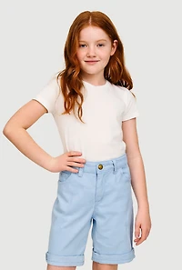 Girls Twill Distressed Detail Bermuda Shorts, Blue, Size 7-8