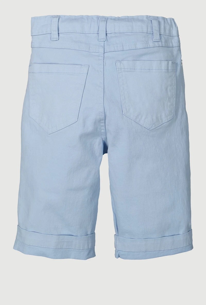 Girls Twill Distressed Detail Bermuda Shorts, Blue, Size 7-8