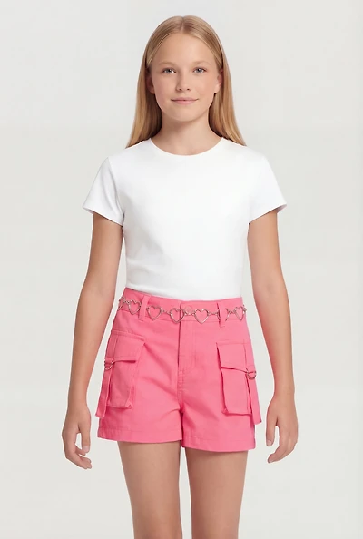 Girls Cargo Shorts with Heart Chain Belt