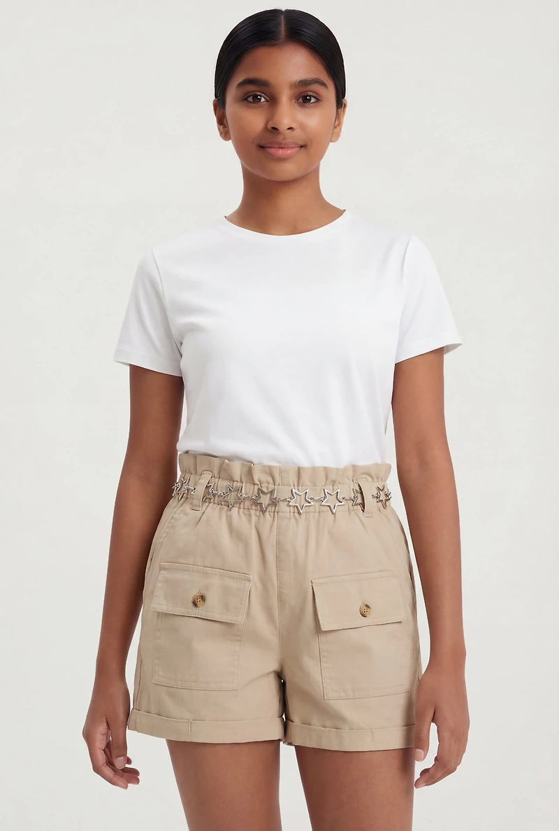 Girls Paper Bag Waist Cargo Shorts with Star Chain Belt