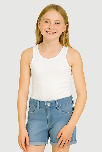 Girls Cuffed Bermuda Denim Shorts, Blue, Size 8