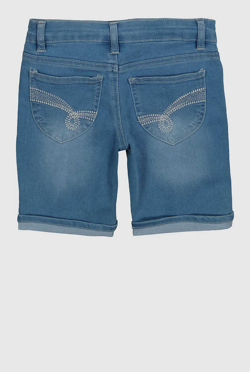 Girls Cuffed Bermuda Denim Shorts, Blue, Size 7