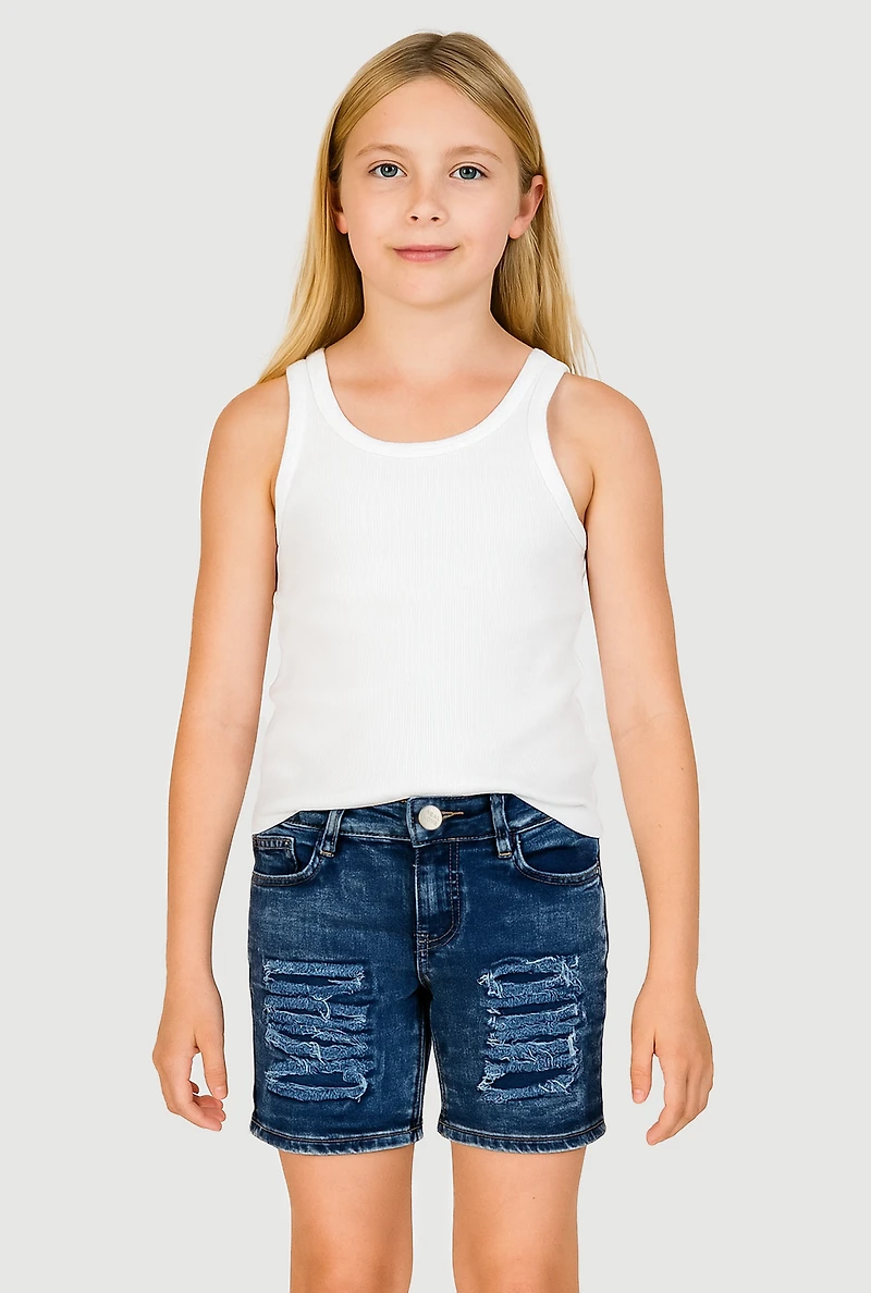 Girls Patch and Repair Distressed Bermuda Shorts, Blue, Size 6